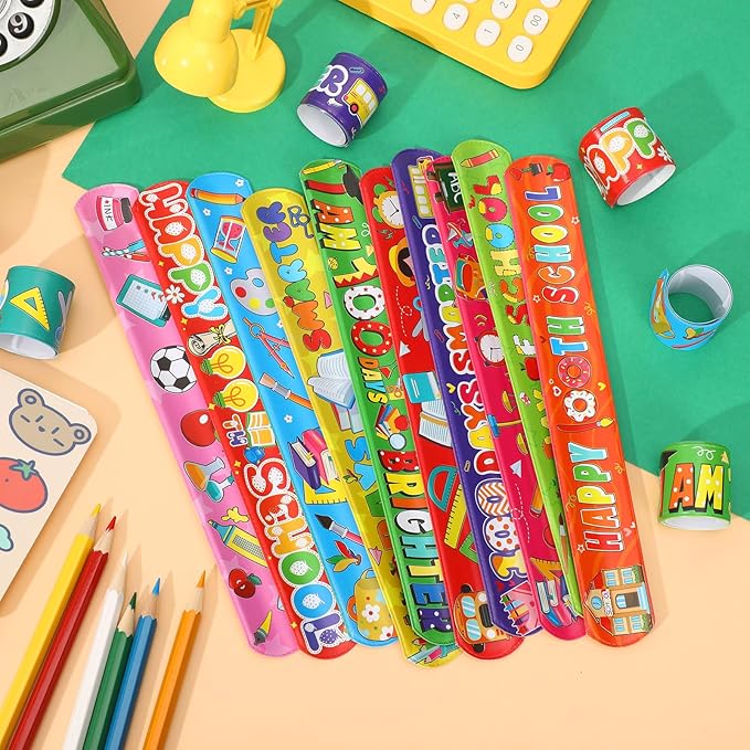 JUNEBRUSHS 100 Days of School Slap Bracelets, 56 Pcs Slap Bracelets for Kids 100th Day of School Party Favors Decorations Snap Bracelets Wristbands for Kindergarten Classroom Student Rewards