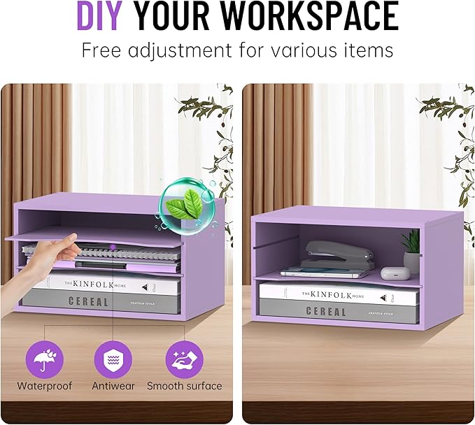 Wood Desk Organizer, 3 Tier Paper Tray Organizer for Desk with Adjustable Storage Shelves, Desktop File Organization Paper Sorter Mail Holder for Office Home Classroom, Purple