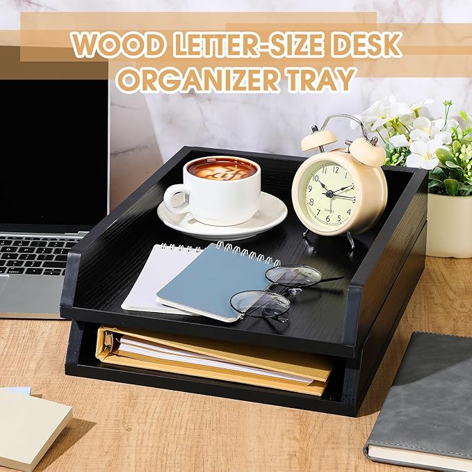 DoubleFill 2 Pcs Wooden Letter Trays Wood Letter-Size Desk Organizer Heavy Duty 2 Tier Stackable Supports Paper Tray Desktop Drawer Organizer File Folder Magazine Office Accessories (Black)
