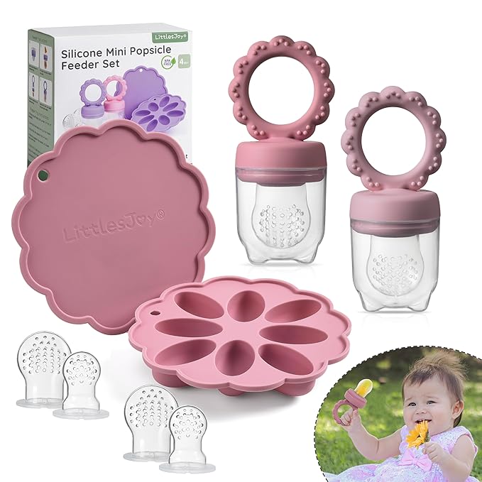 Baby Fruit Food Feeder & Mini Popsicle Ice Tray Set, BPA Free Silicone Baby Feeder for Safe Solid Food Feeding, Breastmilk Popsicle Molds for Cooling Relief, 4 Month+ (Lilac)