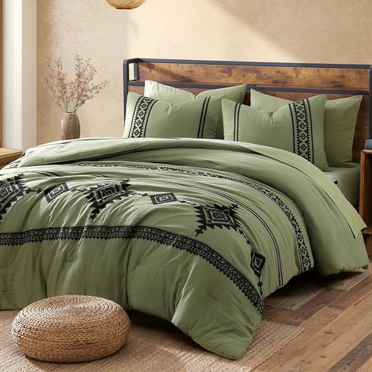 MaiRêve Embroidery Queen Size Comforter Sets, Light Olive Green Western Bedding Set Boho 7 Pieces, All Season Farmhouse Bed in A Bag Comforter Set with Sheets, Pillowcases & Shams