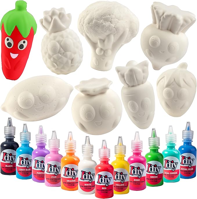 Idiy Party Craft Kit Jumbo Fruit & Veggies Squishies (8 Shapes w 12 Fabric Paints)-White Kawaii Scented Slow Rising Squishy Toys, Scented Stress Relief, Kids School, Birthday Activity Gift (4"-6")