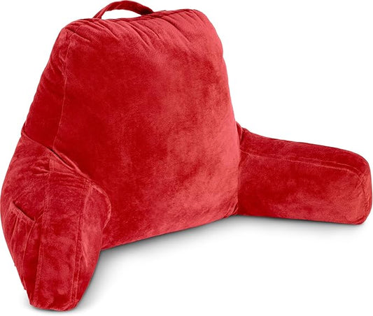 Husband Pillow Red, Original Reading Pillow in Bed Rest Chair, Shredded Memory Foam Large Lounge Cushion Adult Backrest with Arms, Comfy Back Support for Sit Sitting Up, Washable/Removable Cover
