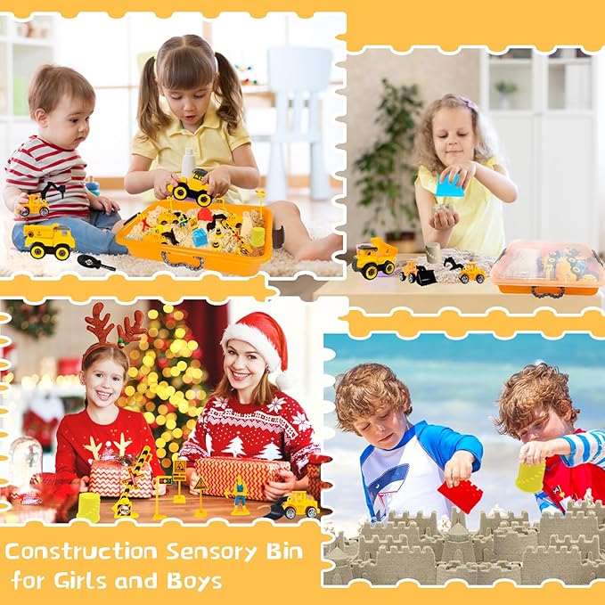 34 PCS Play Sand Construction Sensory Bin Set,2.2 lbs Magical Sand,2 Take Apart 6 Undetachable Construction Trucks Toys,Castle Molds,Road Signs,Sensory Sandbox with Lid for Kids Boys Girls Aged 3+