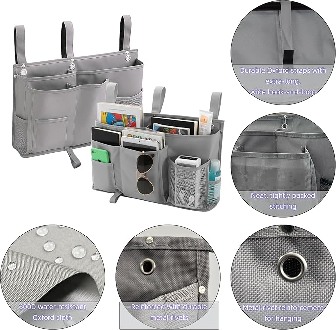 Bedside Organizer, Durable Bunk Bed Caddy, Multi-Pocket Hanging Storage Bag for College Dorm, Home, Hospital and Baby Stroller, Easy Installation, Metal Rivets Added, Oxford Fabric(Gray)