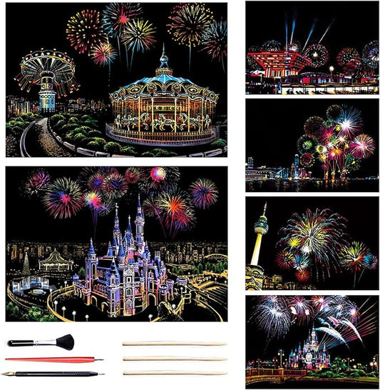 Georgie Porgy Scratch Paper Art A3 Set DIY Arts and Crafts Kits for Kids Adults, Magic Rainbow Scratch Postcard for Christmas Birthday Gift with Scratching Tools Kit (Amusement Park+ Dream Castle)