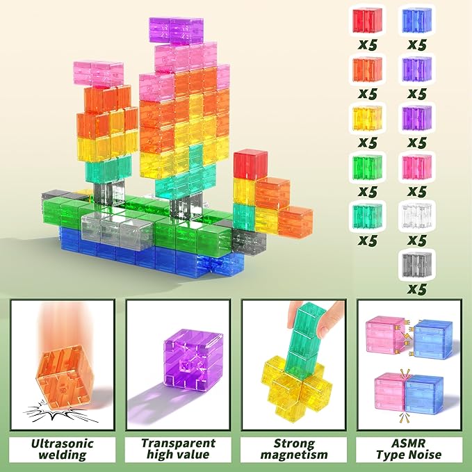 64PCS Magnetic Blocks Building Toys - Transparent Rainbow Magnetic Cubes Set, Outdoor Sensory Autism STEM Toys Gifts for Kids Aged 3+ Year Old Boys & Girls