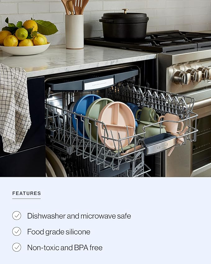 Lalo First Bites Silicone Baby Feeding Set - Baby Led Weaning Supplies - Non-Toxic Silicone - Includes 2 Bibs, 2 Spoons, Training Cup, Suction Plate and Bowl - 6 Pieces - Grapefruit