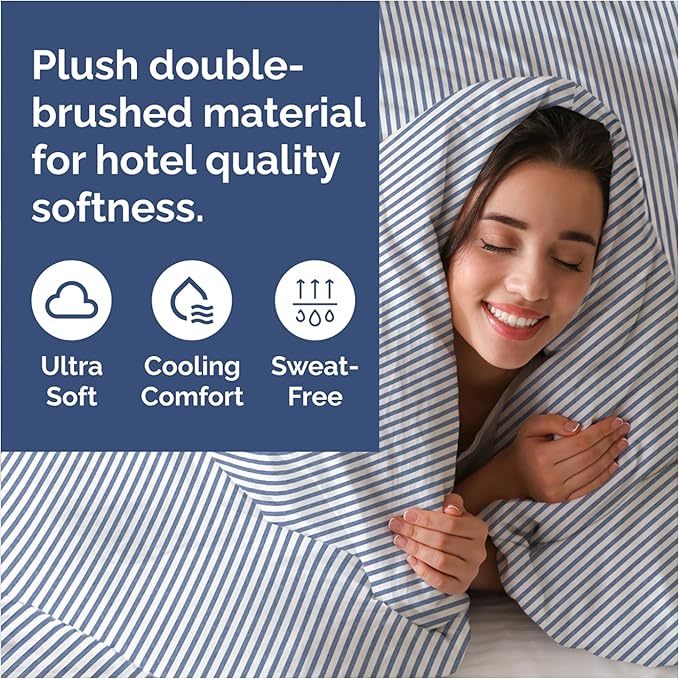 Duvet Cover Full Size Set - Extra Soft Full Size Duvet Cover 80 x 90 with 2 Pillow Shams - Hotel Luxury Easy Care and Fade Free w/Zipper Closures & Ties - Comfy Breathable Bedding Set (Blue Stripes)