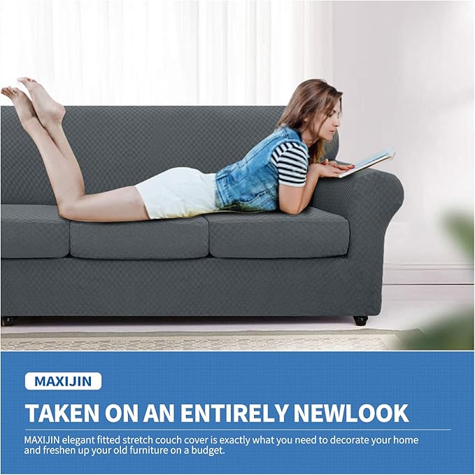 MAXIJIN 3 Piece Stretch Couch Covers for 2 Cushion Couch Sofa Slipcovers with 2 Extra Large Seat Cushion Couch Jacquard Loveseat Sofa Couch Cover for Dogs (2 Cushion Sofa, Dark Gray)