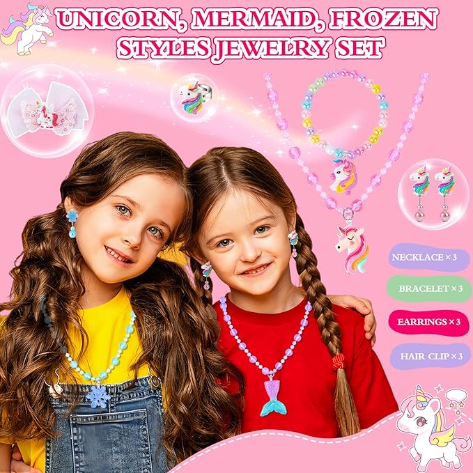 Jewelry Toys for Girls, Adjustable Rings, Bracelets, Necklaces, Butterfly Hair Clips, Toddler Bows, Unicorns Kids Toys Set for Princess Dress Up, Christmas Birthday Gifts, 3 4 5 6 7 8 9+ Year Old Girl