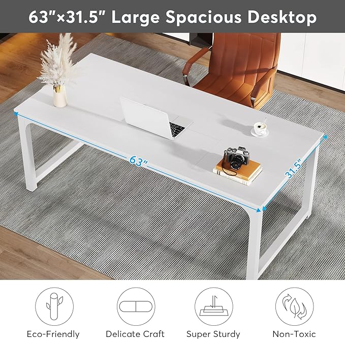 Tribesigns Modern Computer Desk, 63 x 31.5 inch Large Executive Office Desk Computer Table Study Writing Desk Workstation for Home Office, Spliced Desktop, White