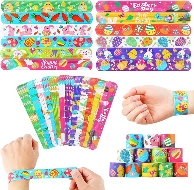 FOIMAS 48pcs Easter Slap Bracelets,Egg Bunny Chick Snap Bracelet Wristband for Easter Egg Filler Basket Stuffer Party Favor Supply