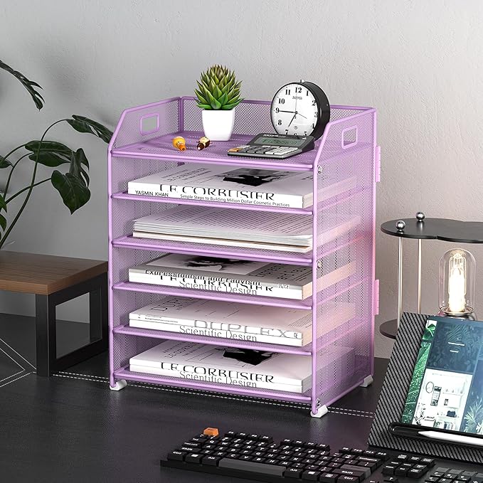 6 Tier Desk Organizer, Heavy-Duty Thick Metal Letter Tray Organizer, Large Capacity Desktop File Organizer for Heavy Files, Easy to Assemble for Home, Office & Classroom,Black,Purple