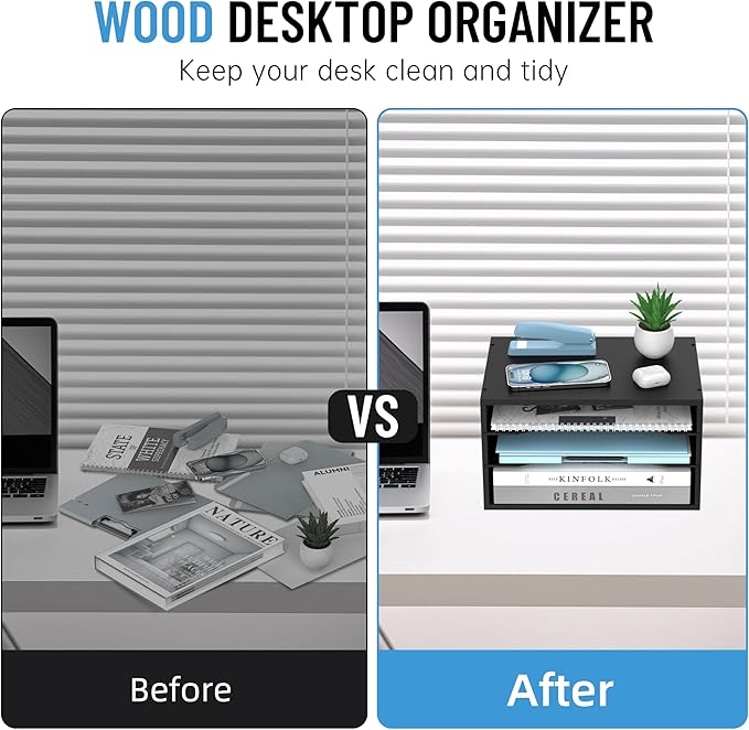 Wood Desk Organizer, 3 Tier Paper Tray Organizer for Desk with Adjustable Storage Shelves, Printer Stand Desktop File Organization Paper Sorter Mail Holder for Office Home Classroom, Black