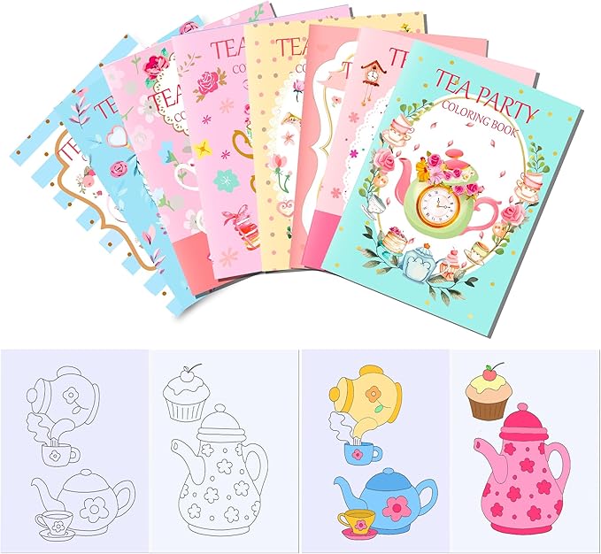 littkeef cliaet 16 Pcs Tea Party Coloring Books Tea Party Party Favors Bunnies Bulk Mini Coloring Books Bulk for Kids DIY Art Drawing Activity Book Set for Tea Party Themed Birthday Party Supplies