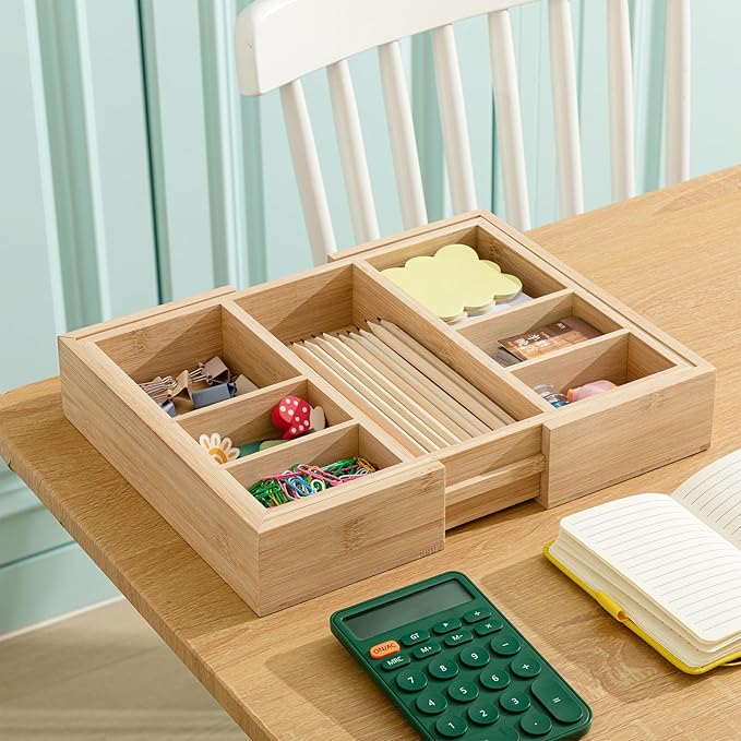 Weysat Sliding Expandable Bamboo Wood Desk Drawer Organizer with 9 Compartments 12"x9" Expandable to 20"x9" Office Desk Organizer Tray Divider Drawer for Office Supplies Makeup Jewelry Vanity