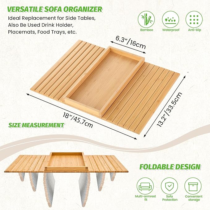 GEHE Bamboo Sofa Arm Tray, Foldable Couch Arm Tray Side Table, Anti-Falling Armrest Tables Cup Holder for Snacks, Drinks, Beers, Phone, Control, Flexible and Portable, Anti-Slip
