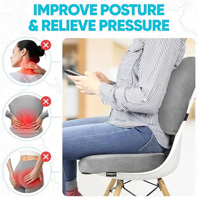 FORTEM Seat Cushion, Office Chair Cushion, Lumbar Support Pillow for Office Chair, Memory Foam Sciatica Coccyx Tailbone Pressure Pain Relief, Car Sitting Pad, Washable Non Slip