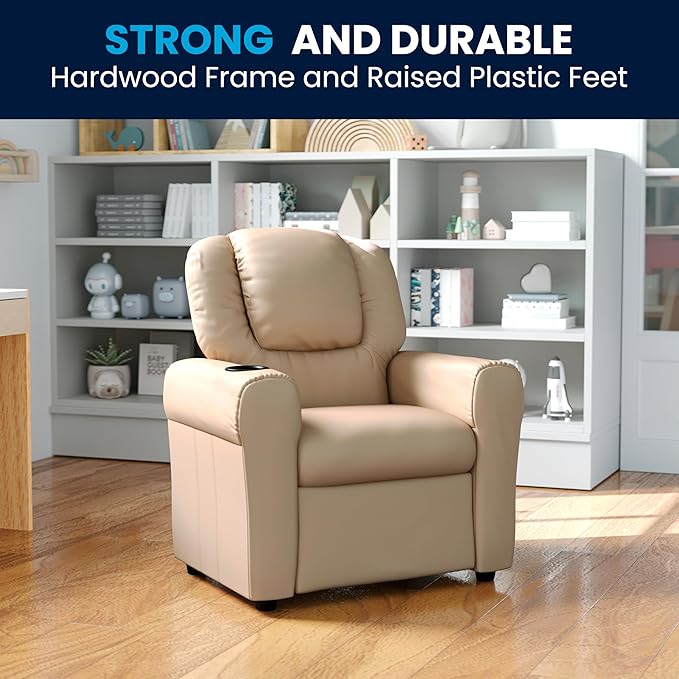 Flash Furniture Vana Vinyl Kids Recliner with Cup Holder, Headrest, and Safety Recline, Contemporary Reclining Chair for Kids, Supports up to 90 lbs., Beige