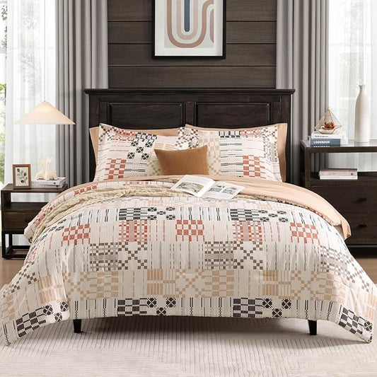 MaiRêve Full Size Comforter Sets, Classic Plaid Farmhouse Bedding Sets 7 Pieces, Beige All Season Bed in A Bag with Sheets, Pillowcases & Shams