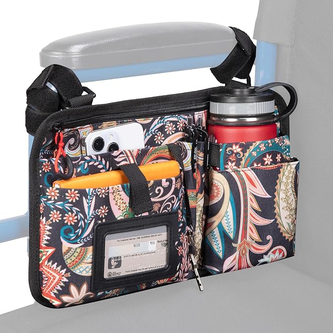 JOYTUTUS Wheelchair Side Bag, Upgraded Walker Pouch Bag with Cup Holder, Wheelchair Armrest Accessories for Walker, Rollator, Electric Scooter Wheelchairs, Ideal Gift for Seniors, Black Pattern