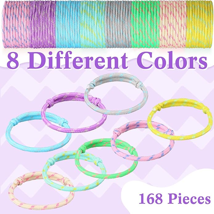 Friendship Bracelets Rope 168 Bracelets in 8 Assorted Colors Adjustable Bracelets for Kids Neon Rope Woven Friendship Bracelets for Girls and Boys Goody Bag Stuffers Party Favors