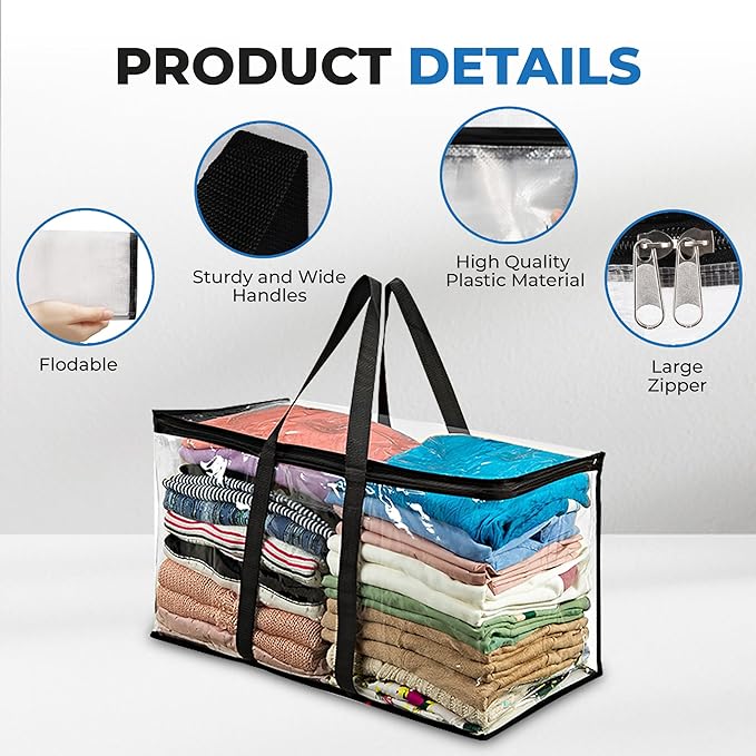 4 Pack Clear Large Moving Bags, Heavy Duty Storage Bags, College Totes, Storage Bins, for Organizing Blankets, Clothing for College, Dorm, Packing, Durable with Zipper and Handle 25x14x12