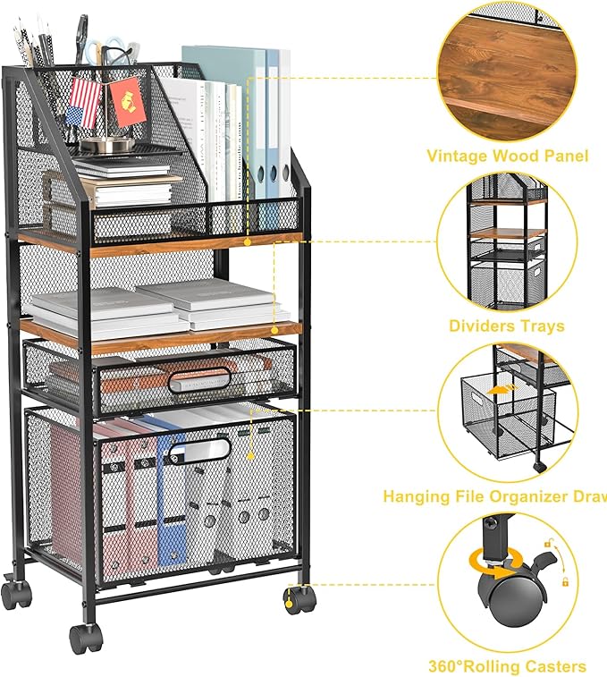 Rolling File Cart with 2 Storage Drawers Multipurpose Book Letter Organizer Carts with Lockable Wheels Wood&Mesh Rolling File Organizer Space-Saving Cart for Office Supplies