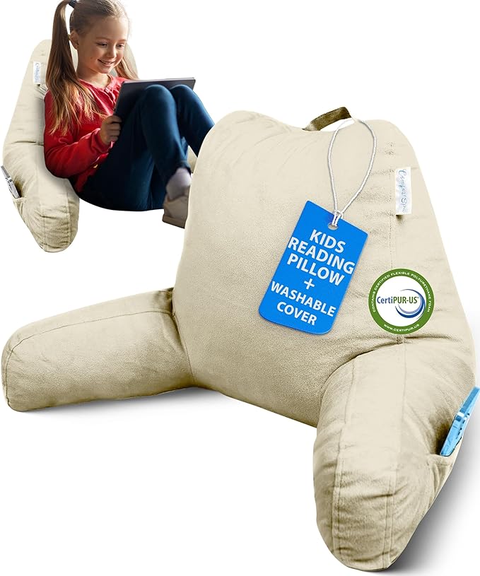ComfortSpa Reading Pillow for Kids Teens Adult, Back Rest Pillow with Arms, Pockets, Washable Cover; Use as a Back Pillow for Bed Sitting Up for Bedrest or Relief from GERD Heartburn (Standard Cream)