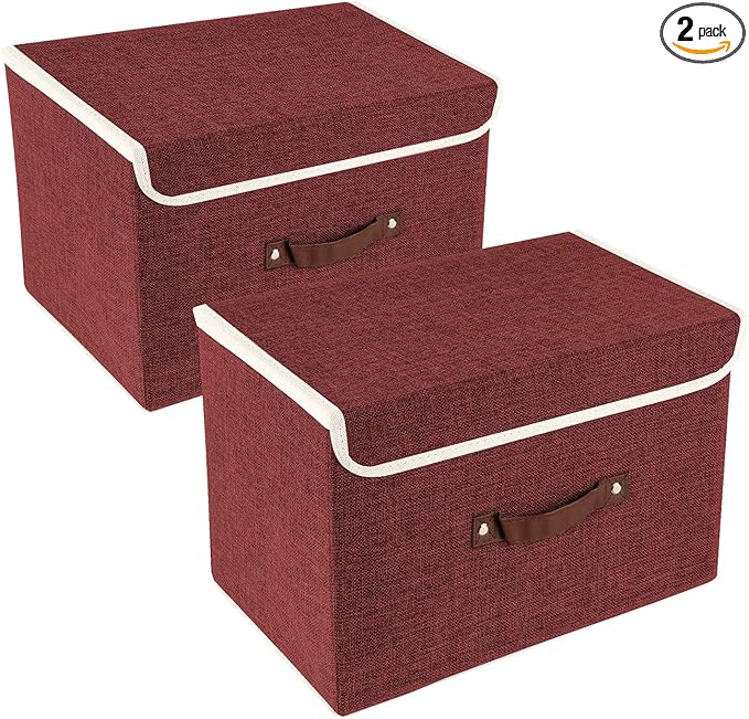 TYEERS Collapsible Storage Boxes, Washable Fabric Storage Bins with Lids, 14.9x9.8x9.8 inches, 2 Pack, Red Wine