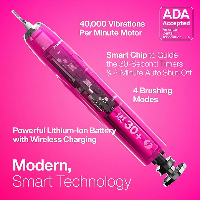 Aquasonic Vibe Series Ultra-Whitening Toothbrush – ADA Accepted Electric Toothbrush - 8 Brush Heads & Travel Case – 40,000 VPM Motor & Wireless Charging - 4 Modes w Smart Timer – Electric Pink
