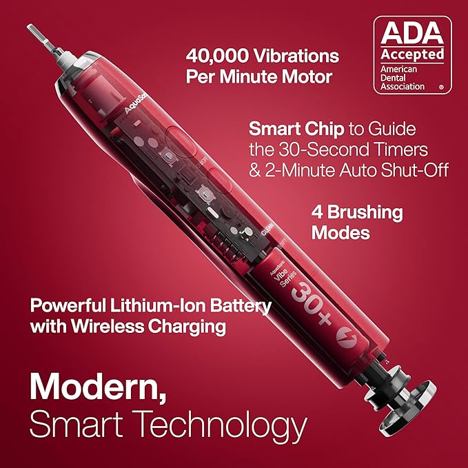 Aquasonic Vibe Series Ultra-Whitening Toothbrush – ADA Accepted Electric Toothbrush - 8 Brush Heads & Travel Case – 40,000 VPM Motor & Wireless Charging - 4 Modes w Smart Timer – Ruby