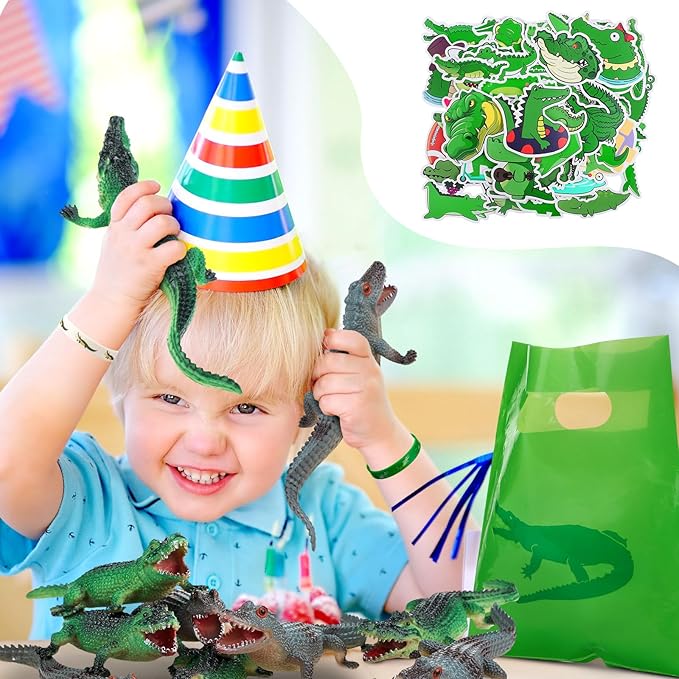 Leyndo 122 Pcs Crocodile Party Favors Gift Set Reptile Party Supplies Crocodile Birthday Party Supplies Reptile Party Favors Crocodile Silicone Wristbands Stickers Toy Bag for Reptile Party Supplies