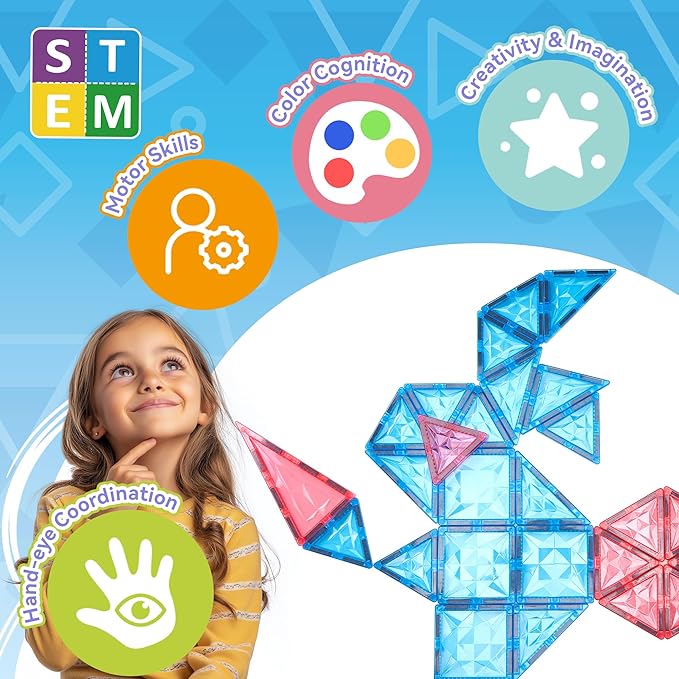 Magnetic Tiles Set, Frozen Magnet Building Blocks with Car Animal Models and Stickers, Construction Educational STEM Sensory Toys Gifts for for 3 4 5 6 7 8 + Year Old Kids Toddlers Boys Girls
