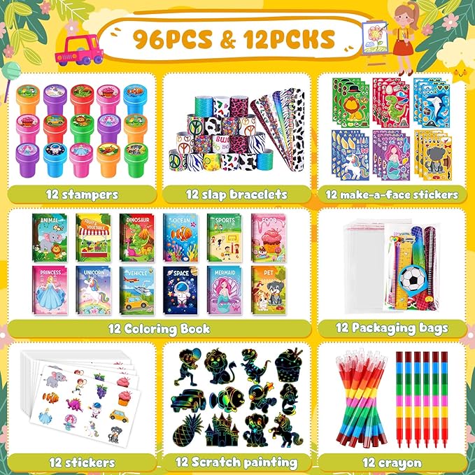 BenLouis 96Pcs Kids Party Favors Mini Coloring Books Crayon Slap Bracelets Stickers Set Bulk for Kids 4-8-12 Classroom Birthday Gifts Goodie Bags Pinata Stuffers School Rewards Crafts Supplies