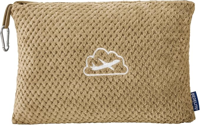 BEDELITE Travel Blanket with Bag, Ultra-Soft Jacquard Fleece Blanket with Luggage Sleeve & Backpack Clip, Airplane Blanket Travel Essentials, Camel