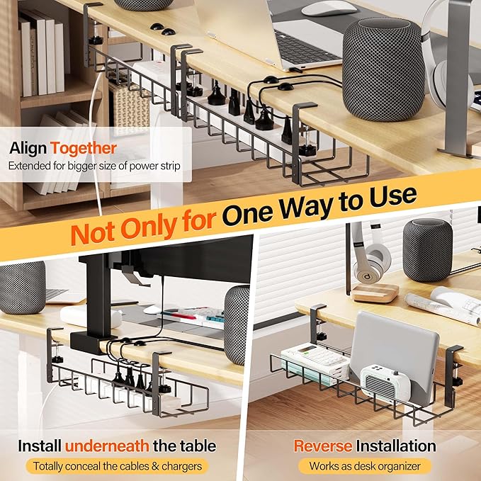 2 Pack Cable Management Under Desk Tray, 31.4" No Drill Under Desk Wire Management with Upgraded Clamp, Metal Cord Organizers for Desk with Cable Organizers, PC Cable Management Rack, Black