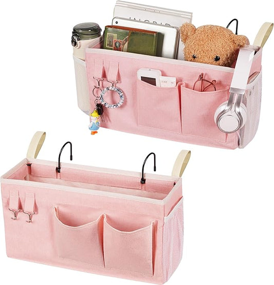 Loghot Bedside Caddy/Bedside Storage Bag Hanging Organizer for Bunk and Hospital Beds,Dorm Rooms Bed Rails,Can be Placed Glasses,Books,Mobile Phones,Keys (2pc Pink)
