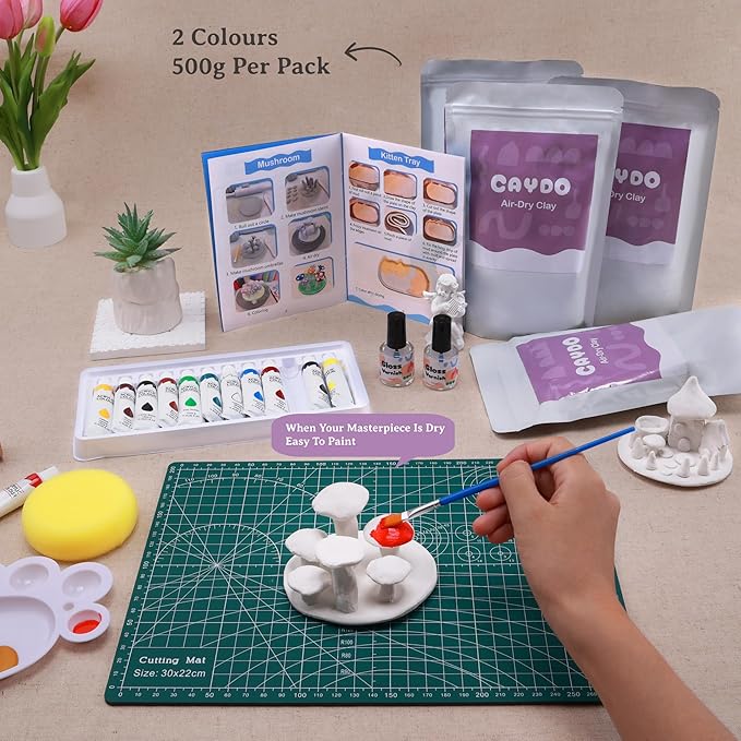 Caydo Air Dry Clay Pottery Kit for Beginners and Adults - 4.4 Lbs Air Dry Clay DIY Craft Set with Tools, Acrylic Paints, Varnish, Clay Stick, Paintbrushes and Step-by-Step Guide - Ideal Pottery Gift