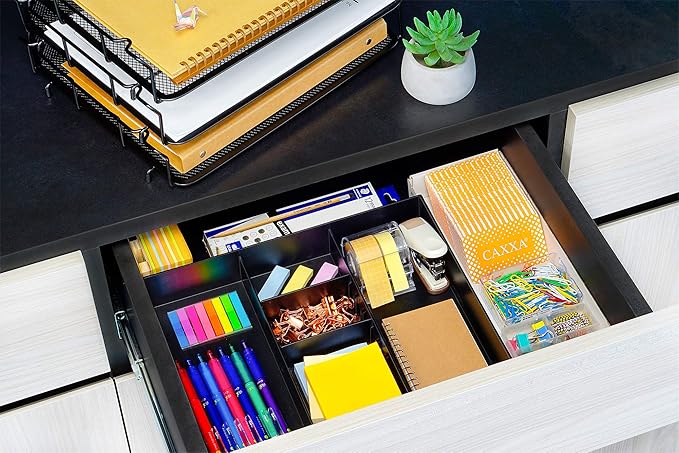 CAXXA 2 Pack 3 Slot Drawer Organizer with Two Adjustable Dividers - Junk Drawer Storage for Office Desk Supplies and Accessories, Black (2 Pack)