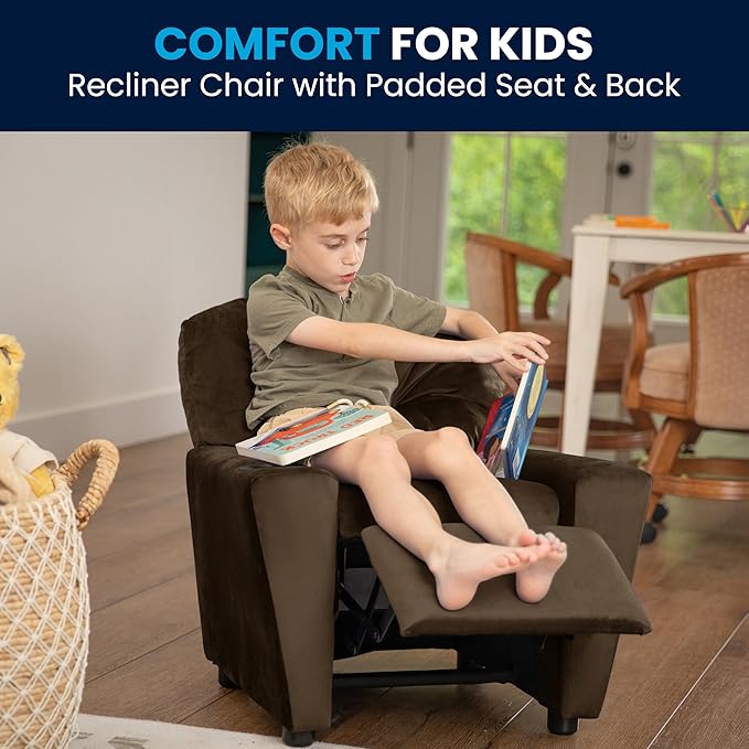 Flash Furniture Chandler Microfiber Kids Recliner with Cup Holder and Safety Recline, Contemporary Reclining Chair for Kids, Supports up to 90 lbs., Brown