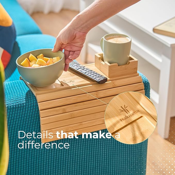 Bamboo Couch Cup Holder – Eco-Friendly Sofa Armrest Tray Table with Cup Holder for Coffee, Snacks & Phone – Foldable Bamboo Couch Arm Table, Anti-Slip Armrest Tray for Couch
