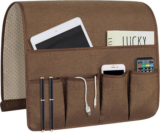 NB Sofa Armrest Organize remote holder bedside caddy organizer with 5 pockets，non-slip couch remote control holder couch armchair caddy accessories (Flaxen, 35''x18'')