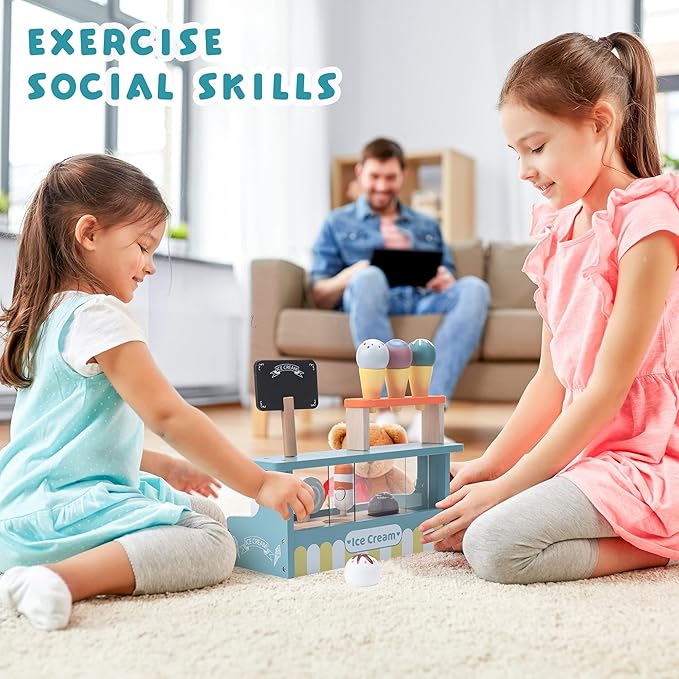 Ice Cream Shop Pretend Toy, Wooden Ice Cream Cones and Popsicle Counter Play Set for Kids Play Kitchen, Ice Cream Cart Toys for Toddlers, Fun Creative Ice Cream Pretend Play