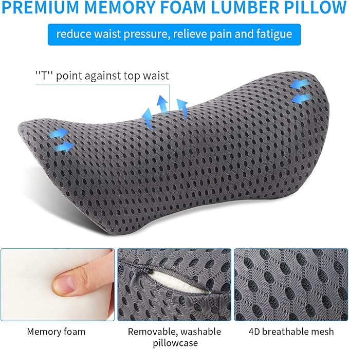 Lumbar Pillow, Memory Foam Lumbar Support Pillow for Office Chair and Car Seat, Back Support Pillow for Lower Back Pain Relief, Support Cushion Back Pillow for Sleeping, Driving, Resting