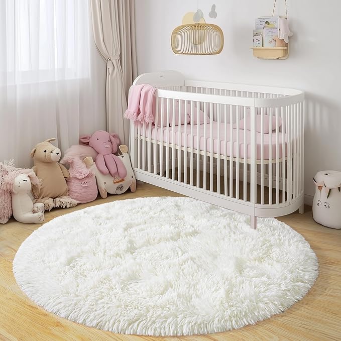 Xexsin Round Fluffy Rugs 6Ft for Girls Bedroom, Cream White Shag Circle Kids Rug Non-Slip for Bedside Dorm Nursery Playroom, Soft Cute Area Rugs for Living Room Decor