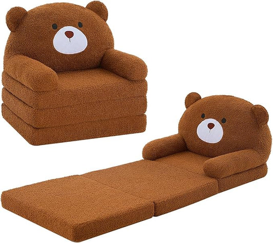 MOONBEEKI Comfy Toddler Chair, Kids Couch Fold Out to Lounger, Foldable Baby Sofa Plush for Girl and Boy Age 18 Months and Up （ Brown Bear）
