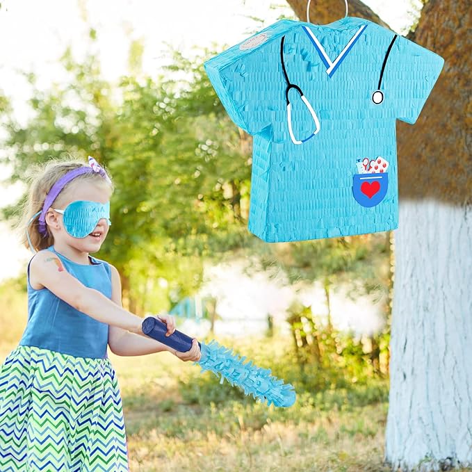 Lewtemi 14.1 Inch Nurse Piñata Bundle with Blindfold, Bat and Confetti, Blue Nurse Party Piñata, Nurse Party Favor, Piñatas for Graduation Gift Rn Themed Birthday Party Nursing School Party Supply