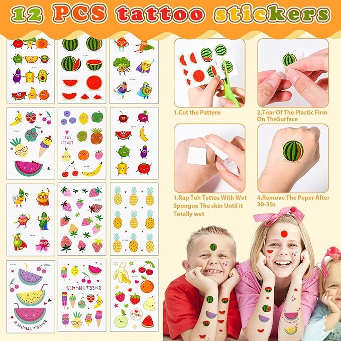 84Pcs Fruits Party Favors for Kids Squeeze Bouncy Ball Ring Keychain Slap Bracelet Tattoo Mini Toy Gift Summer Girl Boy Goodie Bag Stuffer Filler Watermelon Apple Strawberry Birthday Party Supplies